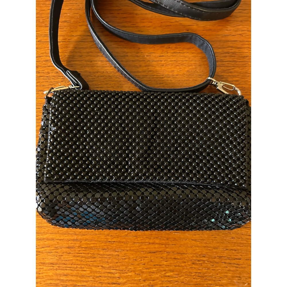 Black Metal Mesh Crossbody Bag Evening Clutch Adjustable Strap Satin Lined - Picture 3 of 7